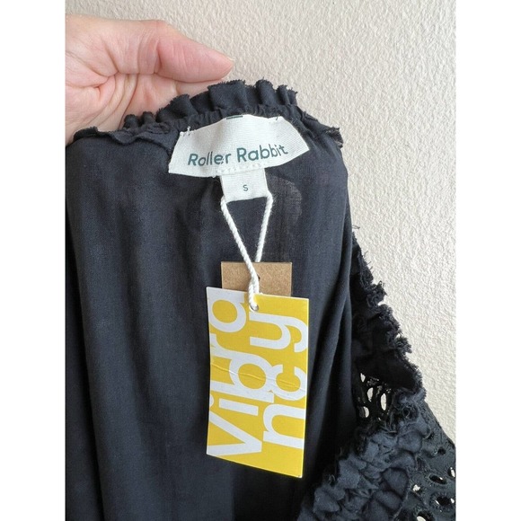 NEW Roller Rabbit Black Arista Dress Eyelet Ruffle Smock Long Sleeve Mini Boho S - Picture 9 of 14